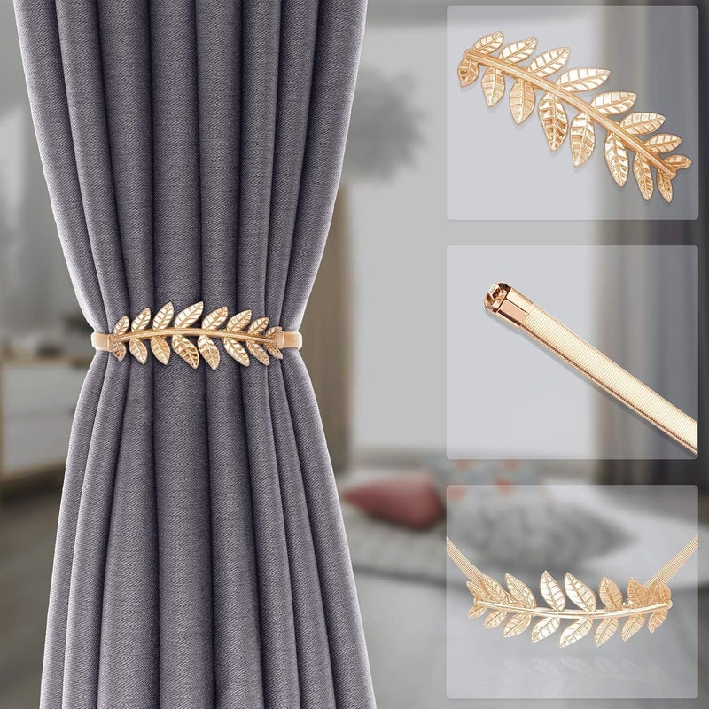LLPMutu 4Pack Curtain Tiebacks Aluminum Alloy Spring Design Curtain Holdback Leaf Carving Design Curtain Ties for Drapes Curtain Ties Backs Curtain Modern Style Curtain Holdback Decor(Gold Leaf) - Image 4
